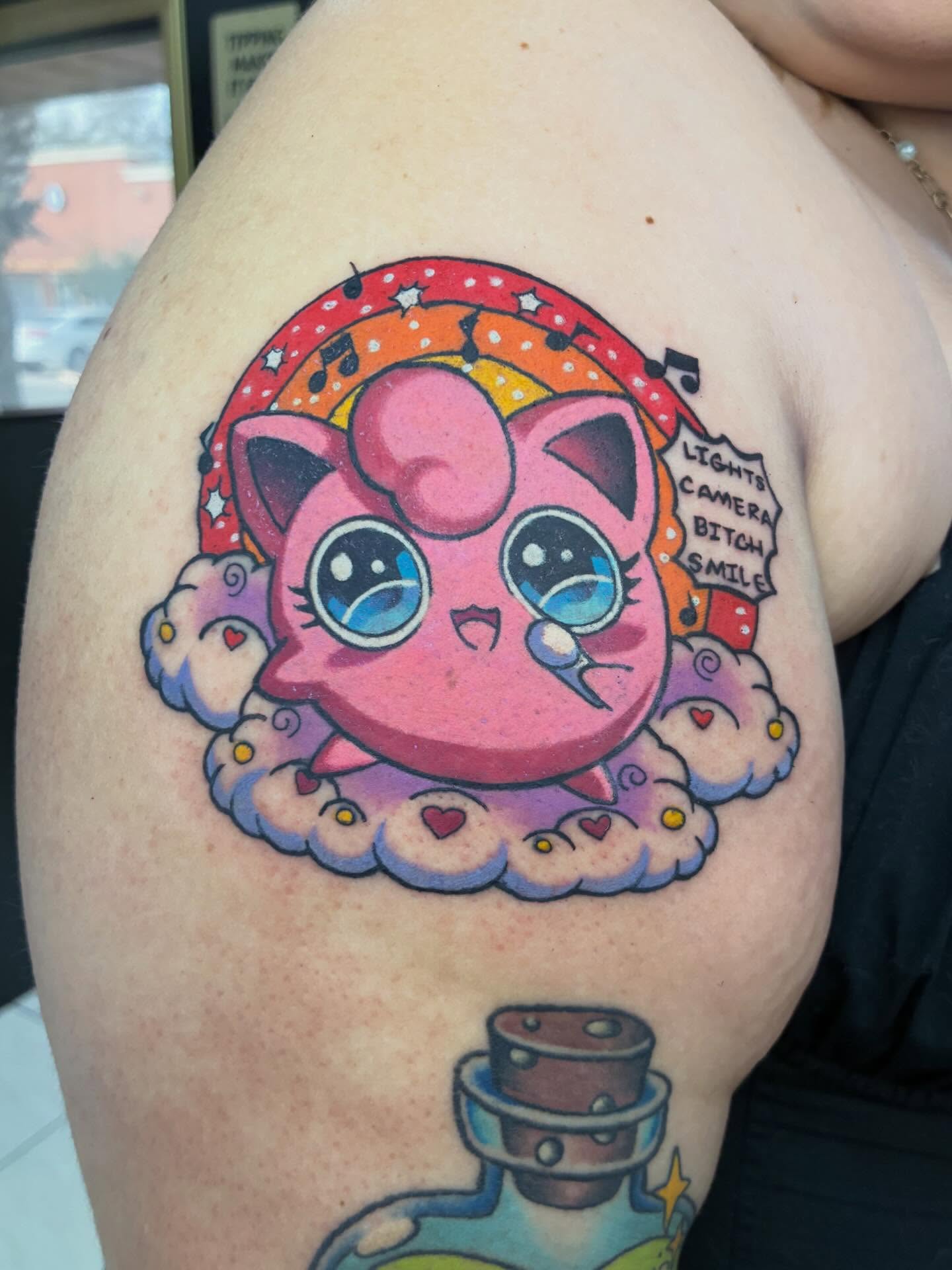 Jigglypuff anime character color tattoo by Sheryl Mei