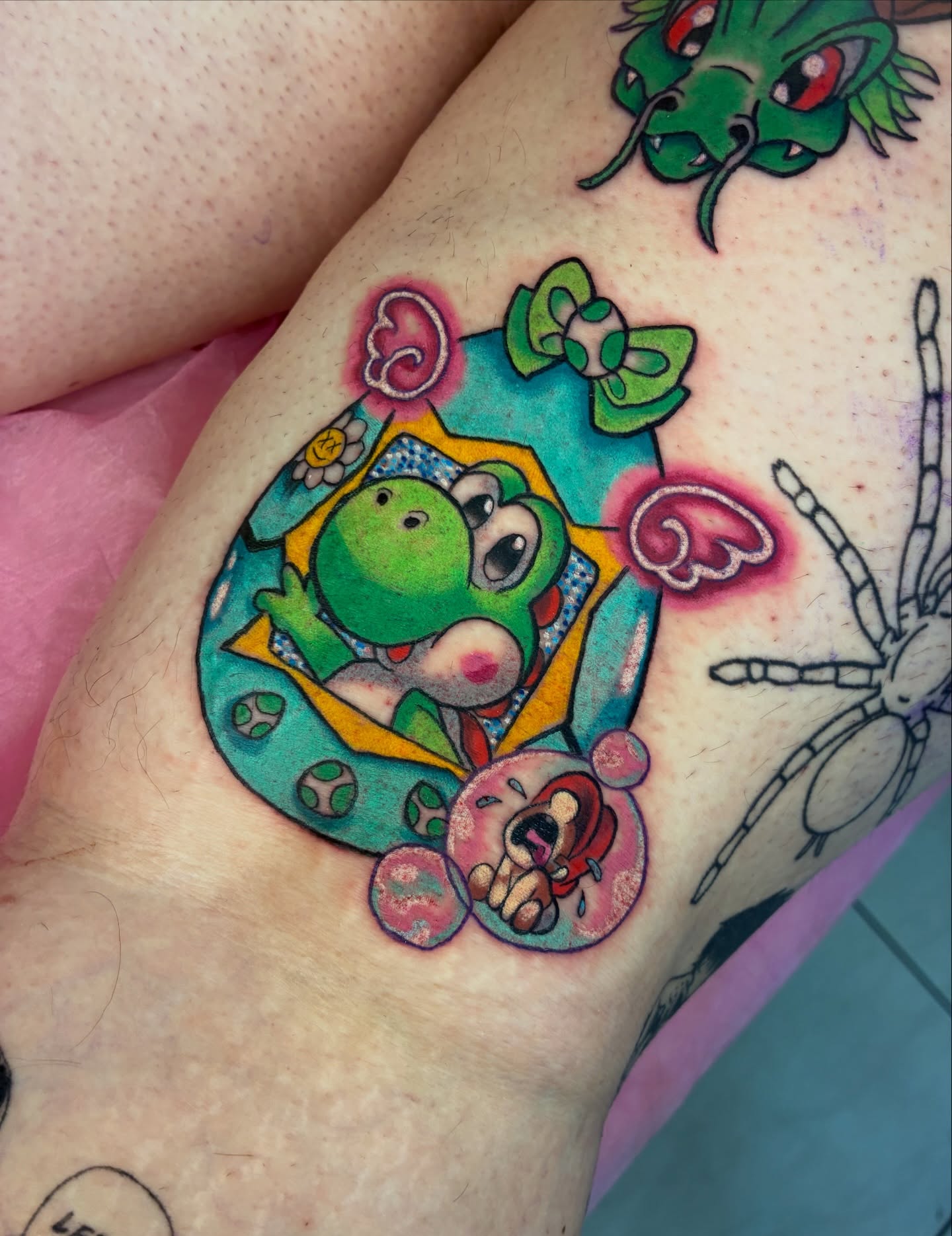 Yoshi animated character color tattoo by Sheryl Mei